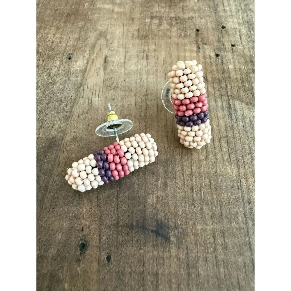 Seed Bead Boho Pierced Earrings Tan Brown Terracotta